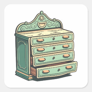 Antique Furniture, Dresser Drawer, Cartoon Style, Square Sticker