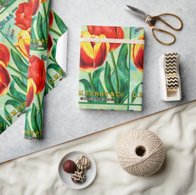 Antique Garden Advertisement, Yellow Red Tulips Wrapping Paper (Crafts)