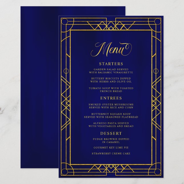 Antique Geometric Gold Frame Royal Blue Menu (Front/Back)