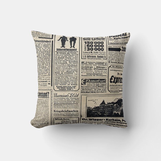 Antique German Newspaper Advertisements 1917 Cushion (Front)