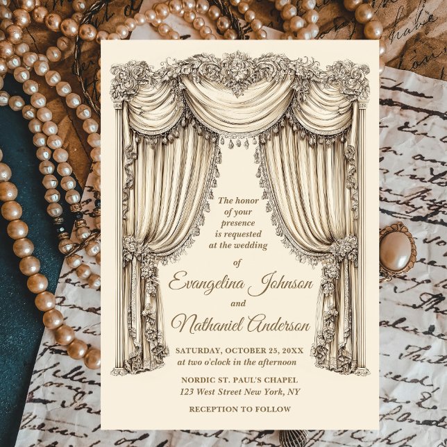 Antique Gilded Age Ivory Timeless Curtains Wedding Invitation (Creator Uploaded)