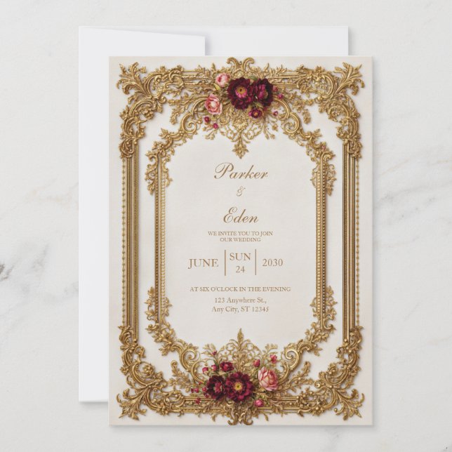 Antique Gilded Burgundy Bloom Formal Wedding Invitation (Front)