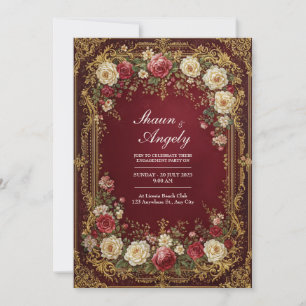 Antique Gilded Burgundy Floral Formal Wedding Invitation