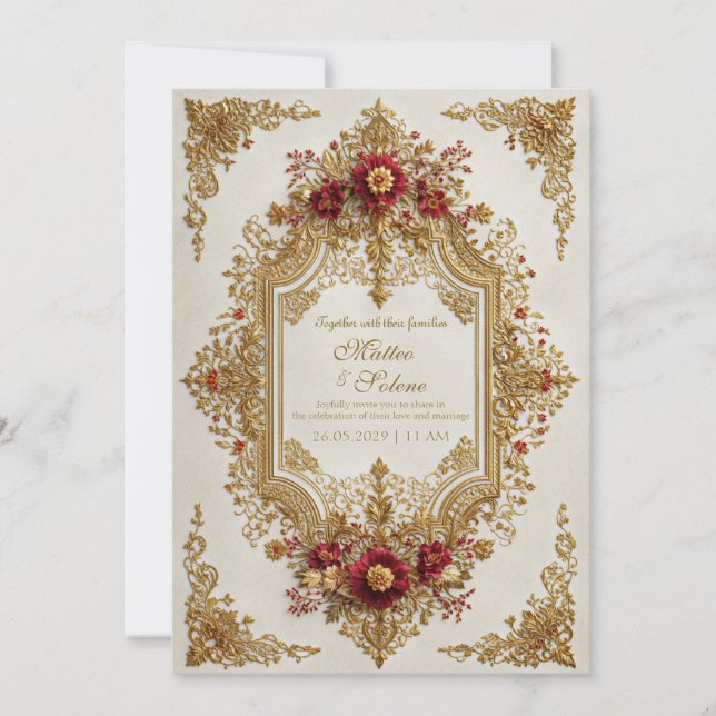 Antique Gilded Burgundy Floral Formal Wedding Invitation (Front)