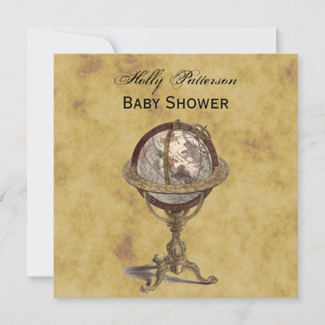Antique Globe, Distressed BG SQ Baby Shower Invitation (Front)