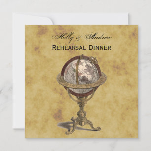 Antique Globe Distressed BG SQ Rehearsal Din Invitation