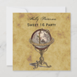 Antique Globe, Distressed BG SQ Sweet 16 Invitation