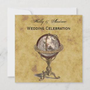 Antique Globe, Distressed BG SQ Wedding Invitation