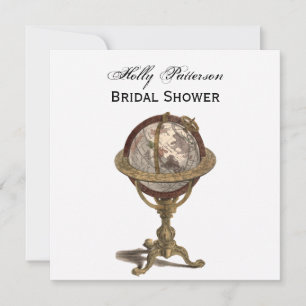 Antique Globe White BG SQ Bridal Shower Invitation