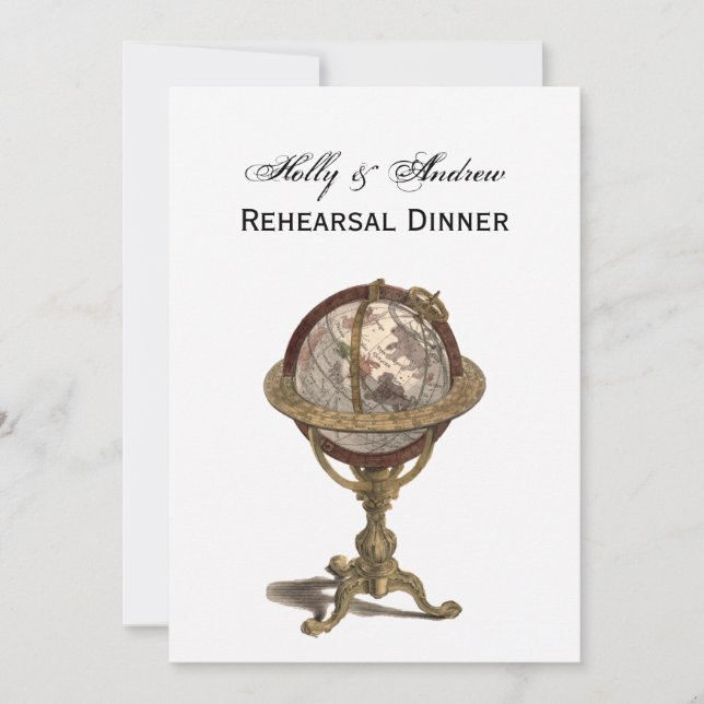 Antique Globe, White BG V Rehearsal Din Invitation (Front)