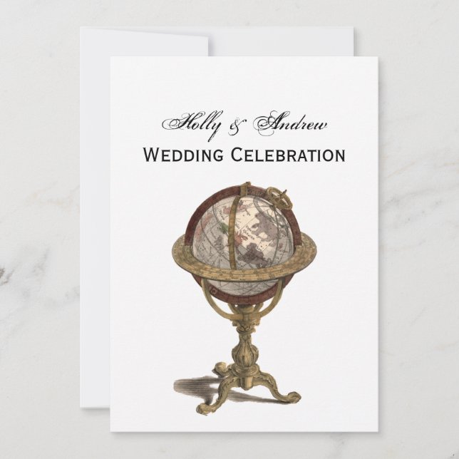 Antique Globe, White BG V Wedding Invitation (Front)