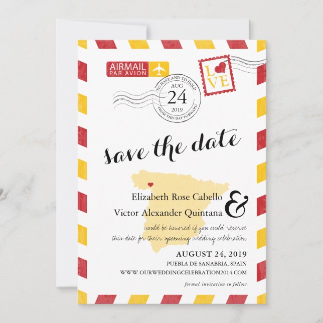 Antique Gold and Red Spain Airmail Save the Date (Front)