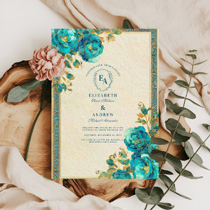 Antique Gold and Teal Botanical Wedding Invitation
