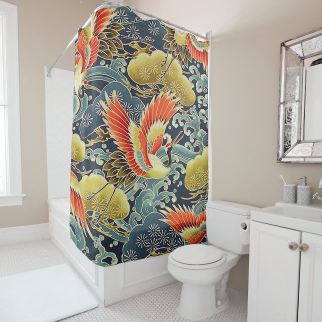 Antique Gold Blue Japanese Kimono Floral Bird Shower Curtain (In Situ)