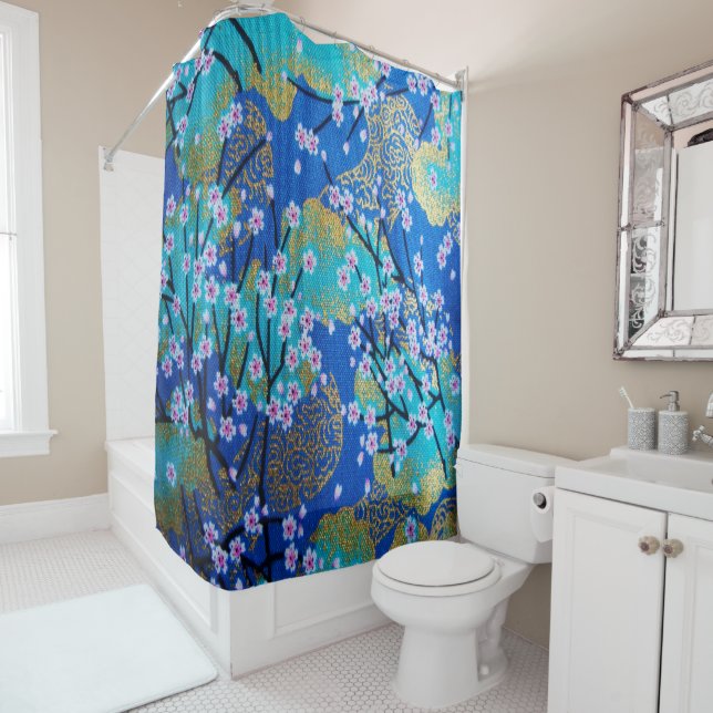 Antique Gold Blue Japanese Kimono Floral Flower Shower Curtain (In Situ)