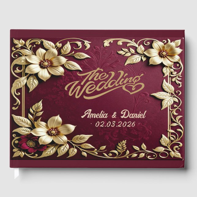 Antique Gold Burgundy Red classic Wedding Guest Book (Front)