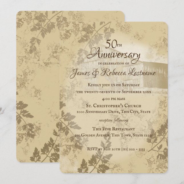 Antique Gold Country Barn 50th Wedding Anniversary Invitation (Front/Back)
