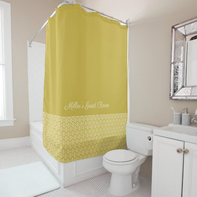 Antique Gold Damask Pattern Bath Shower Curtain (In Situ)