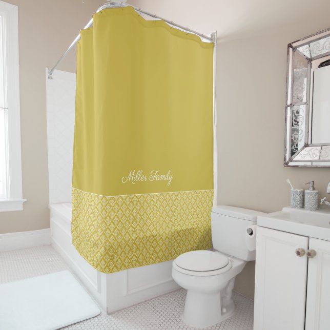 Antique Gold Damask Pattern Bath Shower Curtain (In Situ)