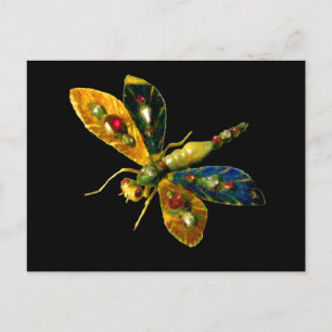 ANTIQUE GOLD DRAGONFLY JEWEL ,GEMSTONES IN BLACK POSTCARD