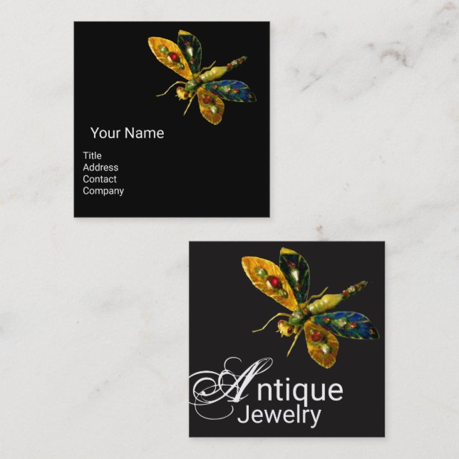 ANTIQUE GOLD DRAGONFLY JEWEL Monogram ,Black Square Business Card (Front/Back)