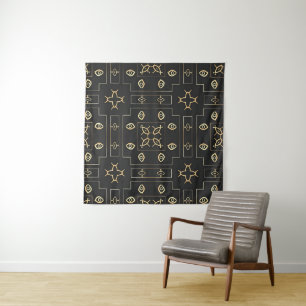 Antique Gold Eye Motif on Black Square Tapestry