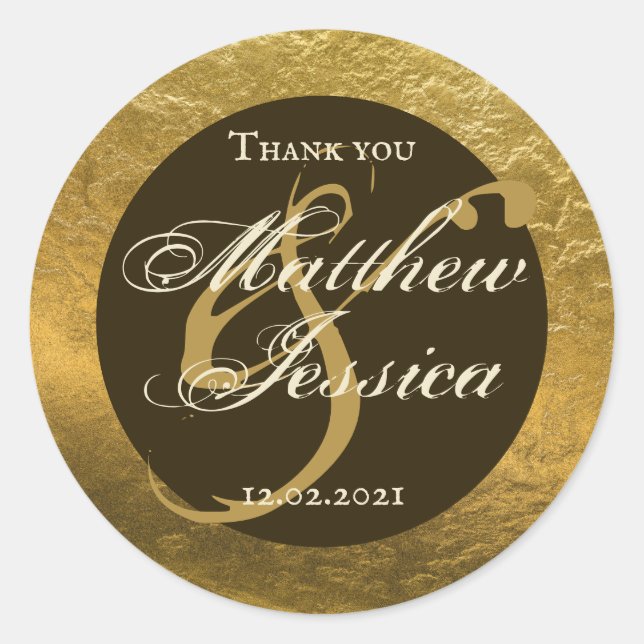 Antique Gold Faux Metal Personalised Name Date Classic Round Sticker (Front)