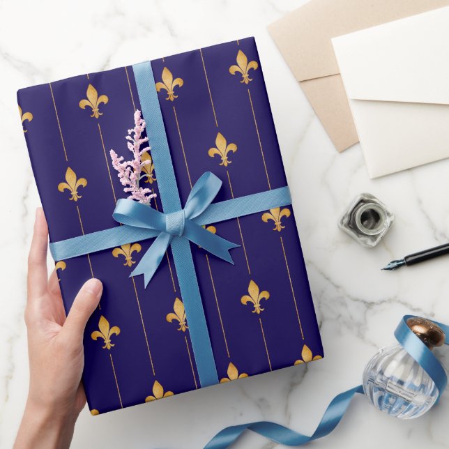 Antique Gold Fleur-de-Lis Dark Blue Wrapping Paper (Gifting)