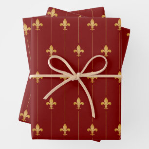 Antique Gold Fleur-de-Lis Dark Red Wrapping Paper Sheet