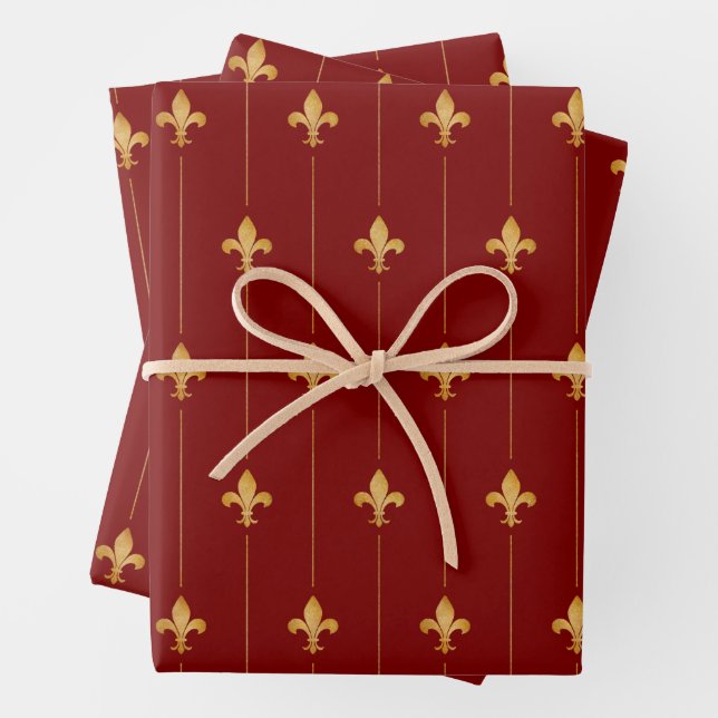 Antique Gold Fleur-de-Lis Dark Red Wrapping Paper Sheet (In situ)