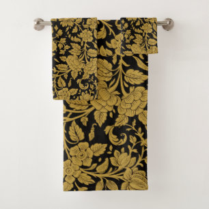 Antique Gold Floral Indian Lac-work Black Pattern Bath Towel Set