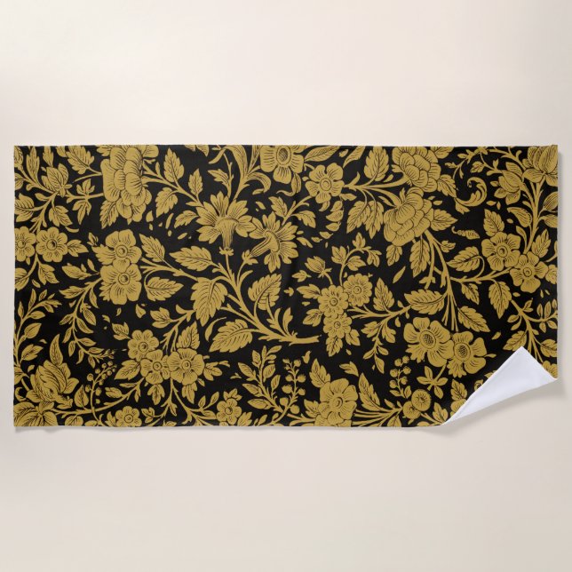 Antique Gold Floral Indian Lac-work Black Pattern Beach Towel (Front)
