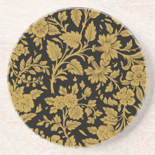 Antique Gold Floral Indian Lac-work Black Pattern Coaster