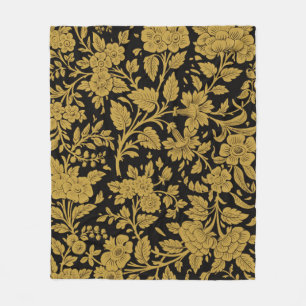 Antique Gold Floral Indian Lac-work Black Pattern Fleece Blanket