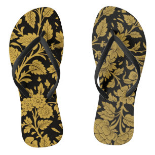 Antique Gold Floral Indian Lac-work Black Pattern Flip Flops