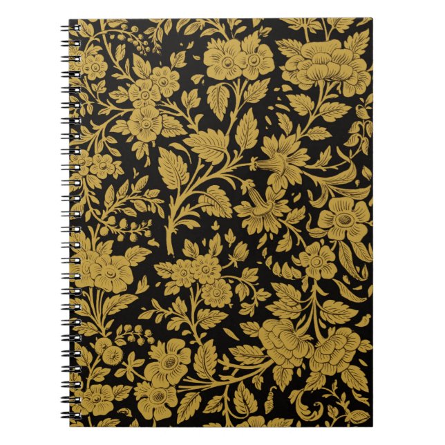 Antique Gold Floral Indian Lac-work Black Pattern Notebook (Front)