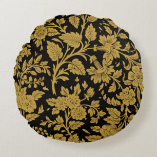 Antique Gold Floral Indian Lac-work Black Pattern Round Cushion