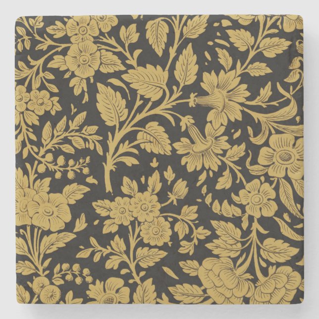 Antique Gold Floral Indian Lac-work Black Pattern Stone Coaster (Front)