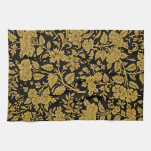 Antique Gold Floral Indian Lac-work Black Pattern Tea Towel