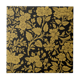 Antique Gold Floral Indian Lac-work Black Pattern Tile