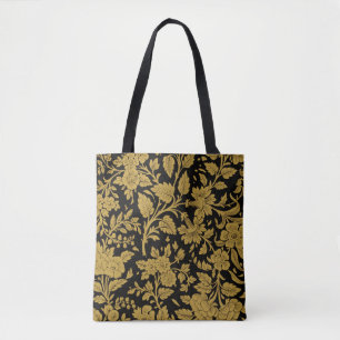 Antique Gold Floral Indian Lac-work Black Pattern Tote Bag