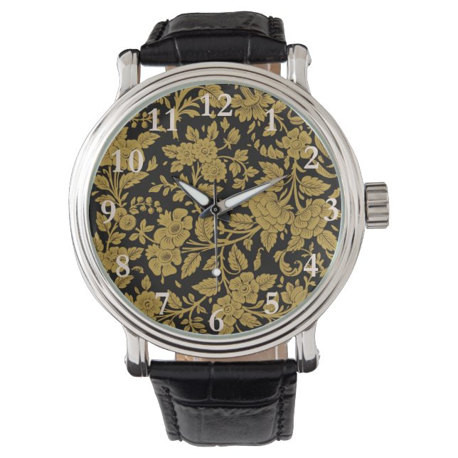 Antique Gold Floral Indian Lac-work Black Pattern Watch (Front)