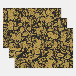 Antique Gold Floral Indian Lac-work Black Pattern Wrapping Paper Sheet