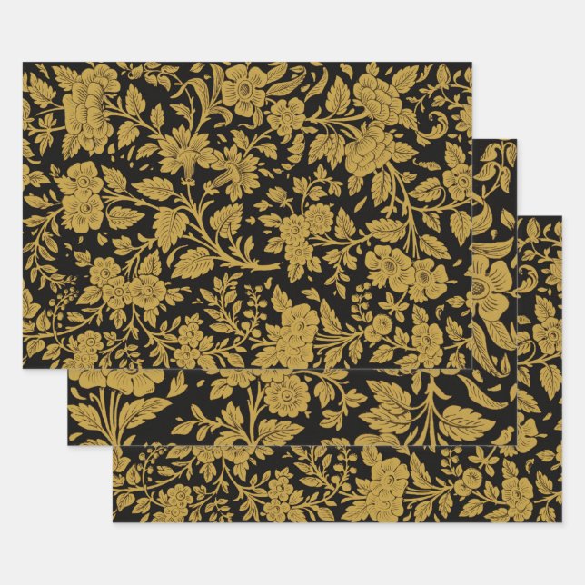 Antique Gold Floral Indian Lac-work Black Pattern Wrapping Paper Sheet (Set)