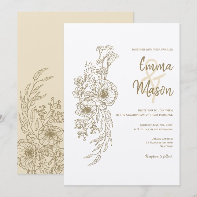 Antique Gold Floral Outline Invitation (Front/Back)