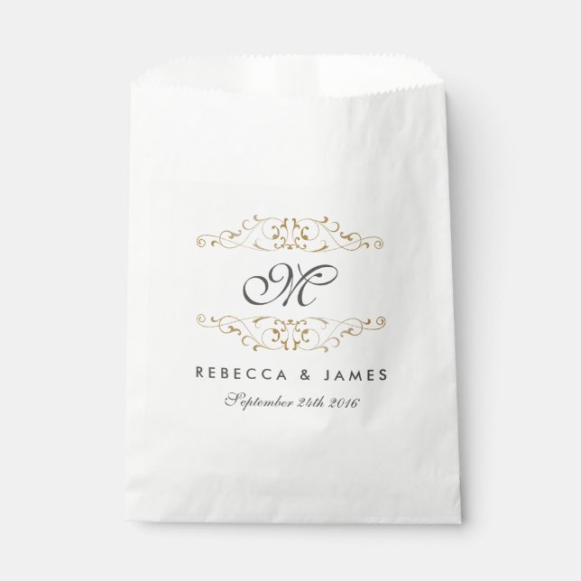 Antique Gold Flourish Monogram Wedding Favour Bags (Front)