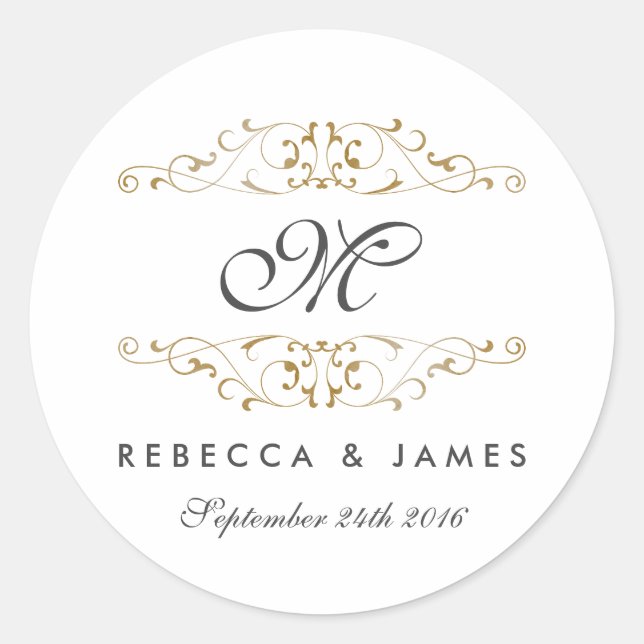 Antique Gold Flourish Monogram Wedding Stickers (Front)