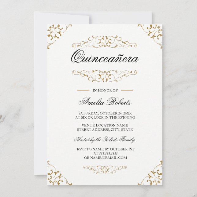 Antique Gold Flourish Quinceanera Invitation (Front)