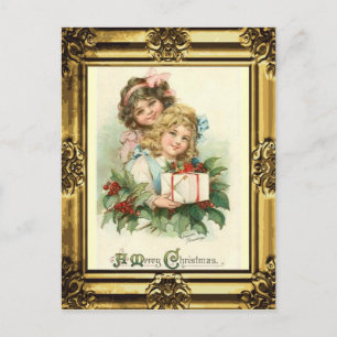 Antique Gold Frame"A Merry Christmas"Vintage Girls Holiday Postcard