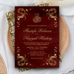 Antique Gold Frame Burgundy Red Islamic Wedding Invitation<br><div class="desc">Amaze your guests with this Islamic style wedding invite featuring a delicate vintage frame and 'Bismillah' in Arabic calligraphy. Simply add your event details on this easy-to-use template to make it a one-of-a-kind invitation.</div>